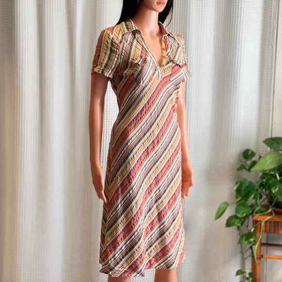 H&M Dresses & Skirts - Orange Striped Collared Short Sleeve Shirt Dress Knee Length Retro Boho Size S